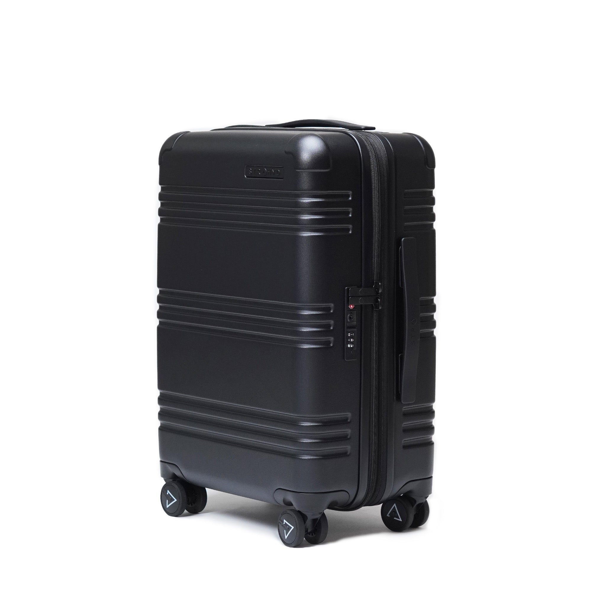 STRAHYD MAX - Maleta Expandible, Carry-On, color negro, vista isométrica, ruedas Spinner 360° Hinomoto Silent-Run, candado TSA
