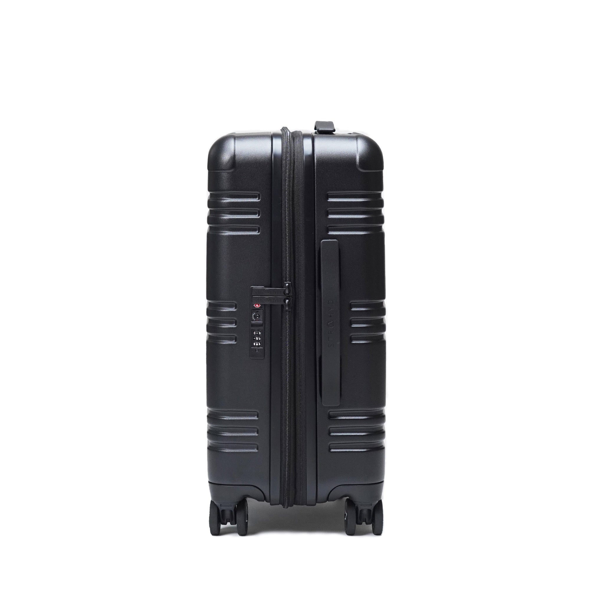 STRAHYD MAX - Maleta Expandible, Carry-On, color negro, vista lateral, ruedas Spinner 360° Hinomoto Silent-Run, candado TSA