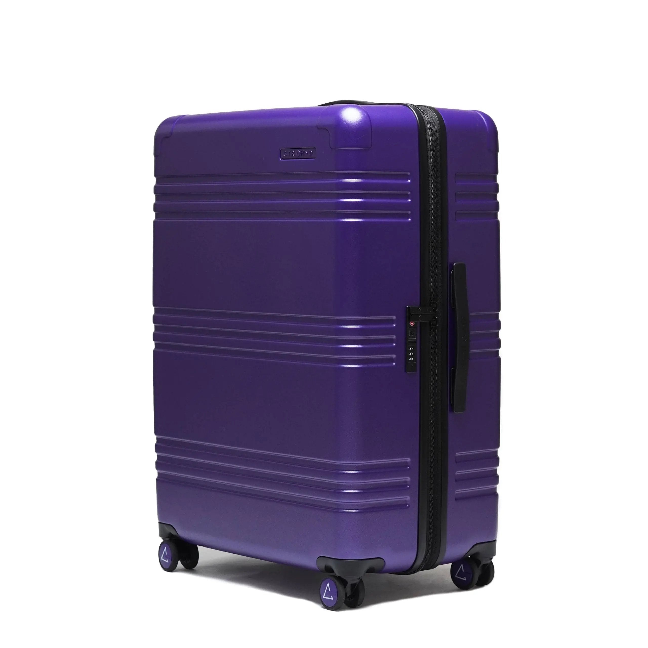 STRAHYD MAX - Maleta Expandible, Check-In, color morado, vista isométrica, ruedas Spinner 360° Hinomoto Silent-Run, candado TSA