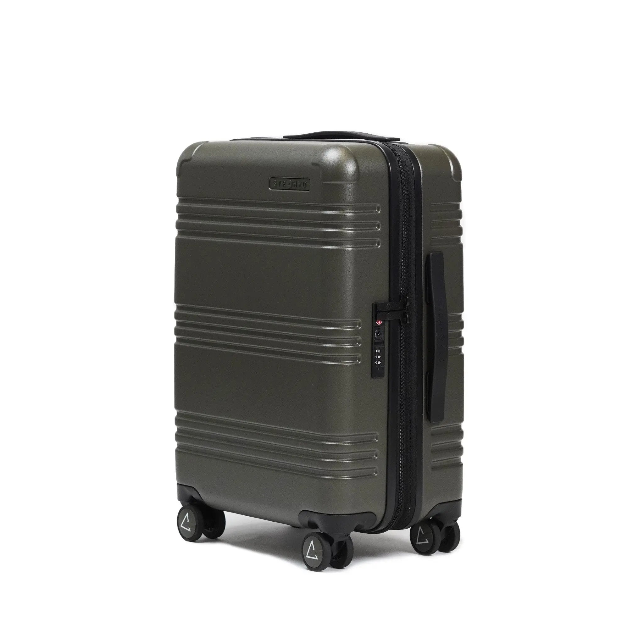 STRAHYD MAX - Maleta Expandible, Carry-On, color verde, vista isométrica, ruedas Spinner 360° Hinomoto Silent-Run, candado TSA