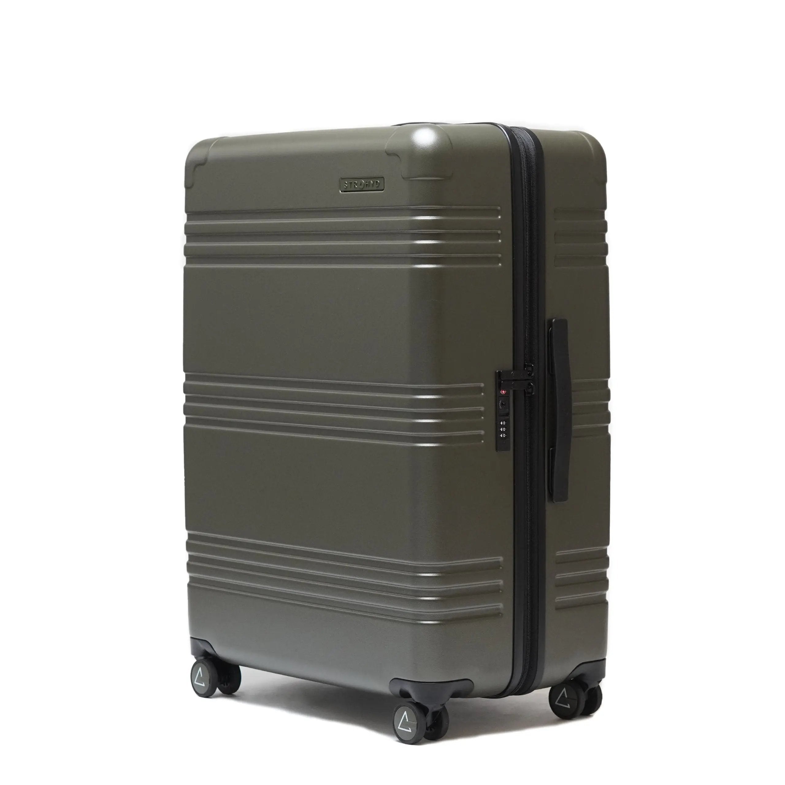 STRAHYD MAX - Maleta Expandible, Check-In L, color verde, vista isométrica, ruedas Spinner 360° Hinomoto Silent-Run, candado TSA