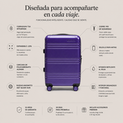 maleta carryon morada infografía